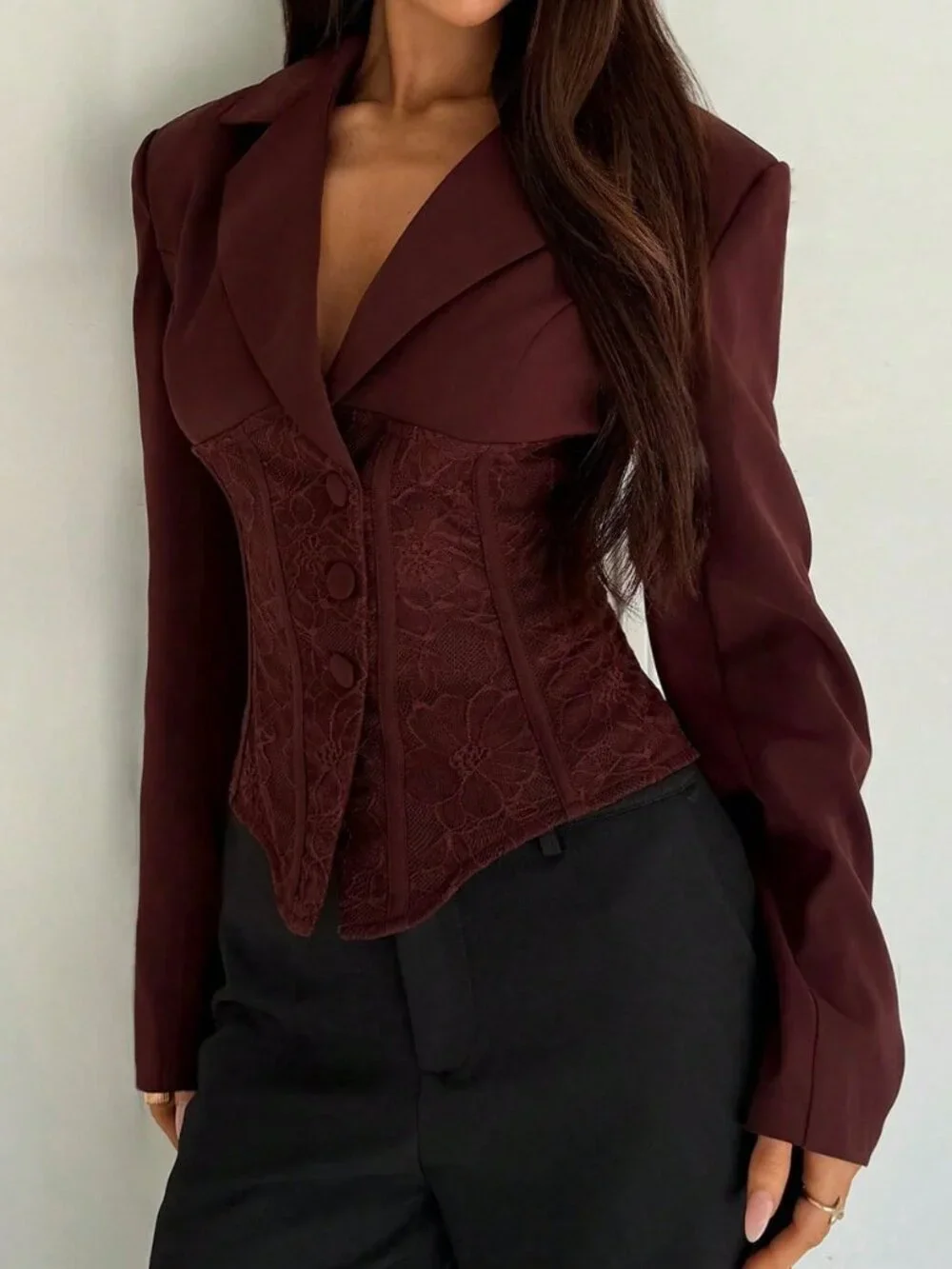 Burgundy Elegant Women's Sexy Romantic High-End Lace Patchwork Blazer